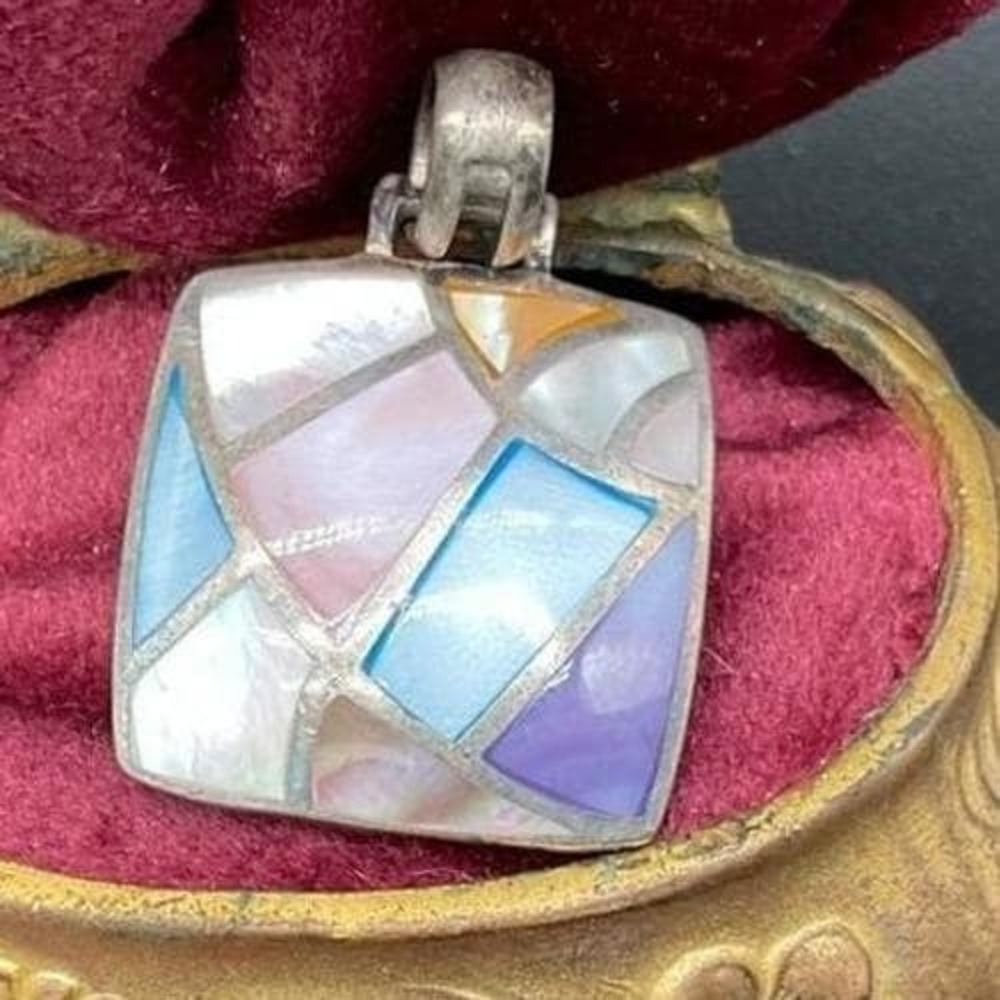 Sterling Silver Mosaic Pendant Mother of Pearl Inlay Southwest Style Geometric